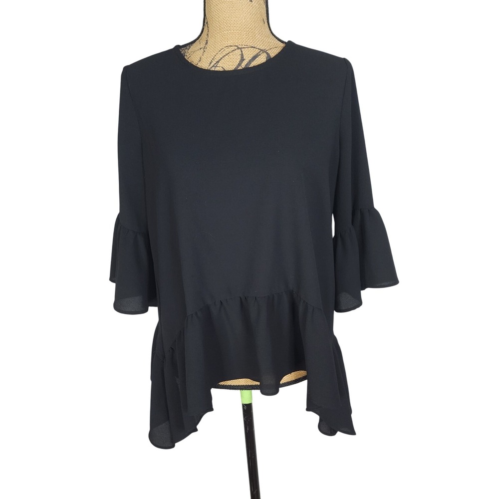 Vtg GIBSON Size Medium Ruffled Hem Half Sleeve Asymmetrical Flounce Crepe Blouse